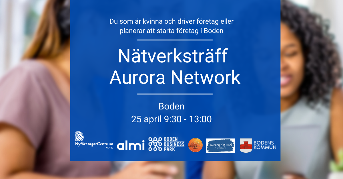 Bild med blå platta med text: Aurora Network Boden 25 april