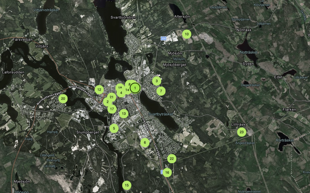 Karta över del av Bodens kommun med gröna prickar som märker ut olika platser.